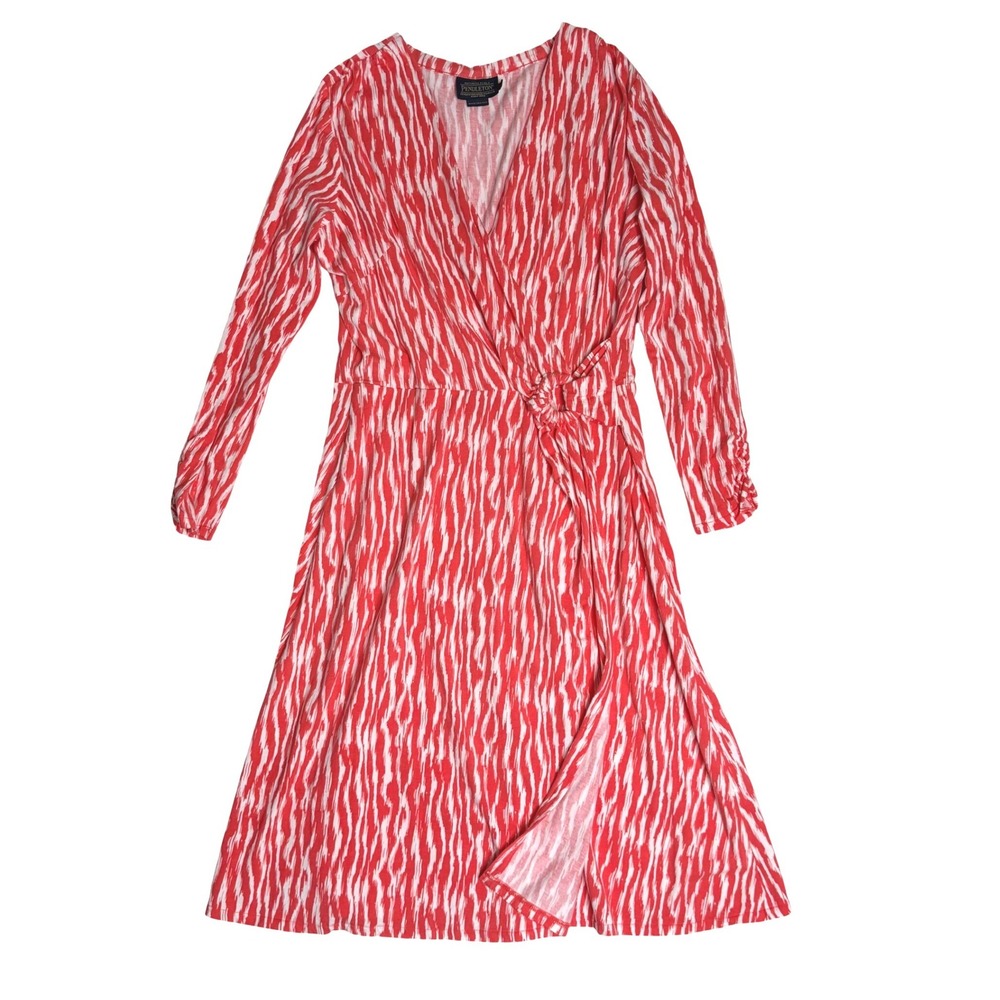 Pendleton Faux Wrap V-Neck Ikat Print Long Sleeve Midi Red White Womens Size M